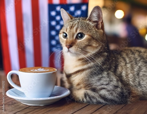 Creative concept image of happy cat sitting at the cafe with holiday 4th of July decorations flags celebrating and drinking coffee in cup mug.
