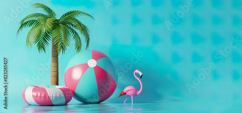 3D render of a minimal summer concept with a palm tree, beach ball and pink flamingo float on a blue background. Minimal summer theme. Bright colors and a solid background. The image is rendered in th photo