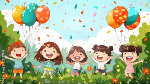 Colorful cartoon vector illustration of children playing and celebrating Children s Day in a park  with balloons and confetti in the background Generative AI