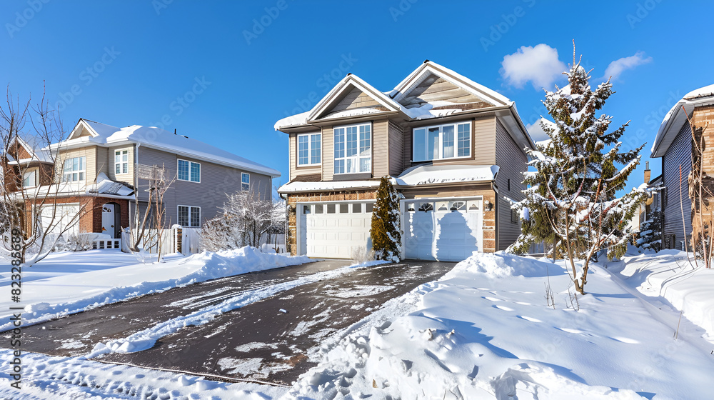 3d illustration, Big luxury house with front yard in snow, Residential house on winter sunny day with graphic and business background, abstract Home Covered with Snow
3d illustration, Big luxury house with front yard in snow, Residential house on winter sunny day with graphic and business background, abstract Home Covered with Snow