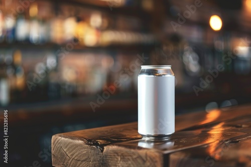 Blank Aluminum Can on Bar Counter with Blurry Background
