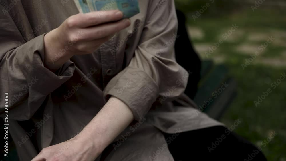 A woman on the street takes out a stack of bills from her wallet and counts them A woman on the street takes out a stack of bills from her wallet and counts them
