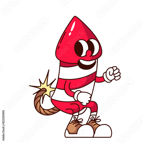 Groovy firecracker rocket cartoon character with burning wick. Funny retro firework with fire on rope, salute explosion mascot, cartoon firecracker sticker of 70s 80s style vector illustration