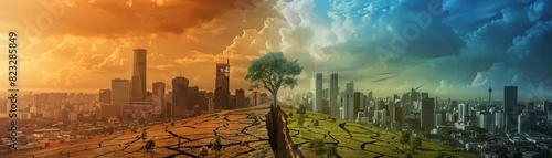 A divided city landscape with a single tree and cracked earth, illustrating the contrast between urbanization and nature. photo