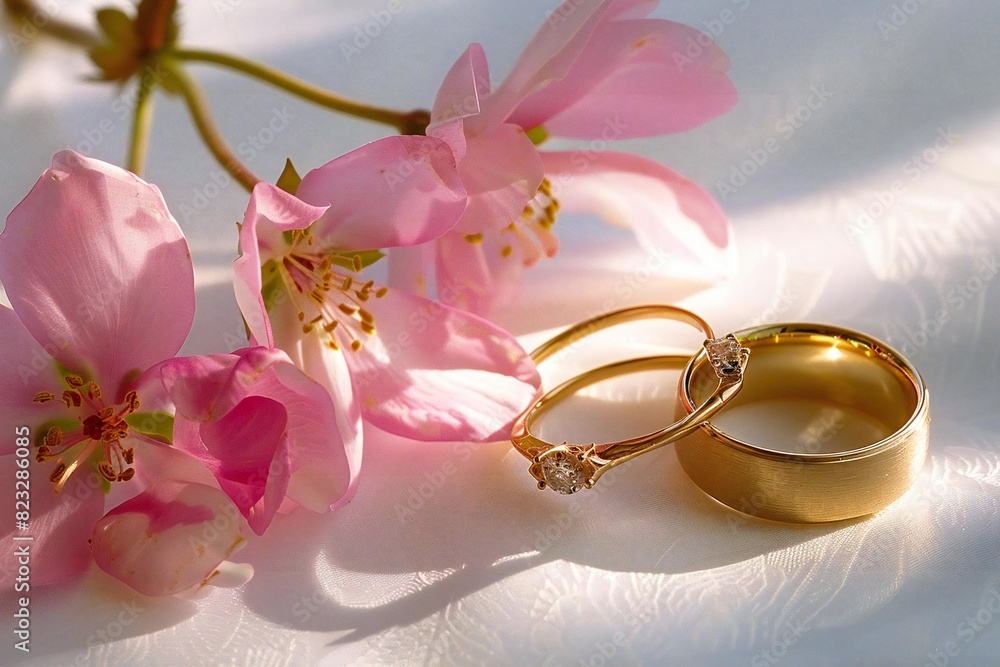 Elegant Wedding Rings adorned with Pink Flowers on a White Background Elegant Wedding Rings adorned with Pink Flowers on a White Background