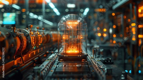 a close-up of an advanced device, a part of a quantum computer or advanced computational technology, with a bright orange light, a concept image in a high-tech lab or manufacturing facility photo