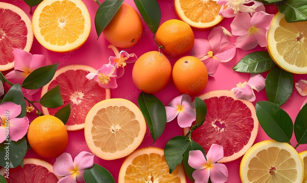 Fresh Citrus Fruits and Pink Flowers , Generative AI Fresh Citrus Fruits and Pink Flowers , Generative AI