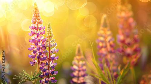 Beautiful lupine flower on a golden background morning