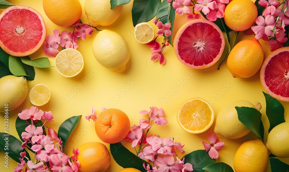 Fresh Citrus Fruits and Pink Flowers , Generative AI Fresh Citrus Fruits and Pink Flowers , Generative AI