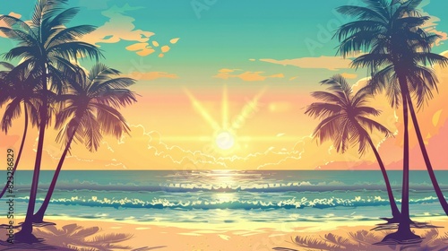 Summer Beach At Sunset, Golden Hues Reflecting On Calm Waves, Silhouettes Of Palm Trees, Cartoon ,Flat color © Moon Art Pic