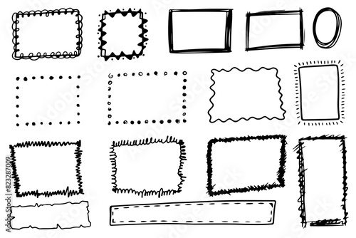 Hand drawn doodle frames set. Square vector picture border frames. Vintage doodle sketch picture frame. Doodle sketch style.