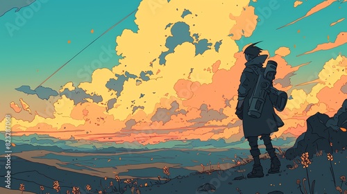 A time traveler witnessing a pivotal moment. Amazing anime illustration suitable for desktop wallpaper.  photo