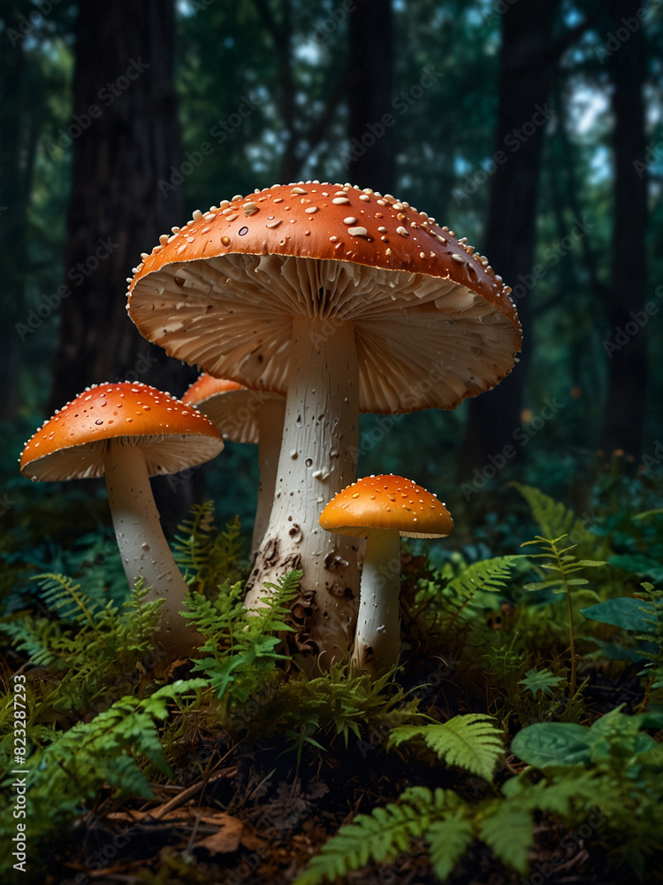 Fototapeta premium a group of mushrooms in the forest with a forest background