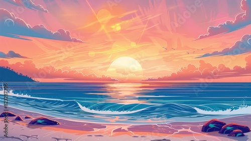 Sunrise Over The Beach, Casting A Warm Glow On The Waking World, Cartoon ,Flat color © Moon Art Pic
