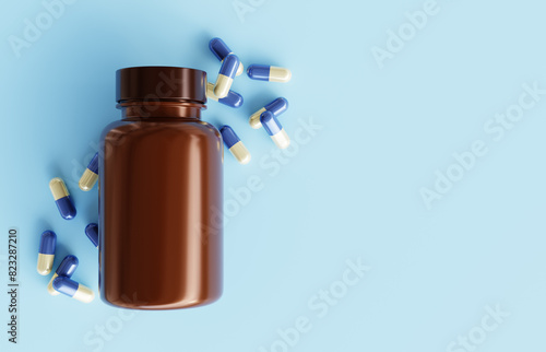 Capsules pill and brown pill bottle on blue background. 3d-rendering