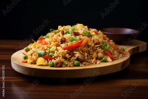 Hearty fried rice on a wooden board against a minimalist or empty room background