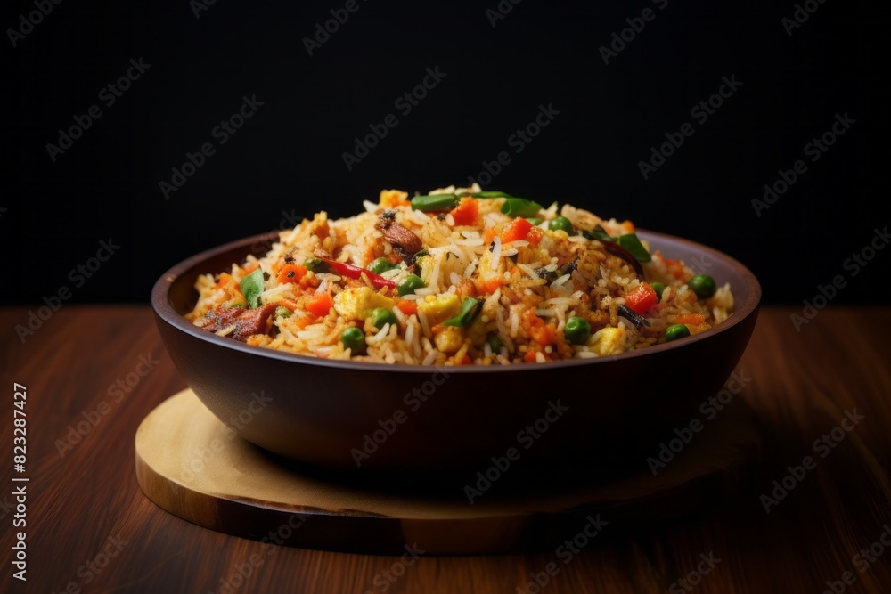 Hearty fried rice on a wooden board against a minimalist or empty room background Hearty fried rice on a wooden board against a minimalist or empty room background