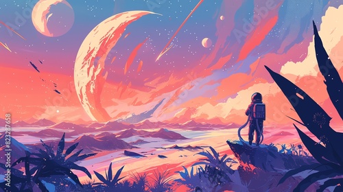 A space explorer discovering a breathtaking. Amazing anime illustration suitable for desktop wallpaper. 