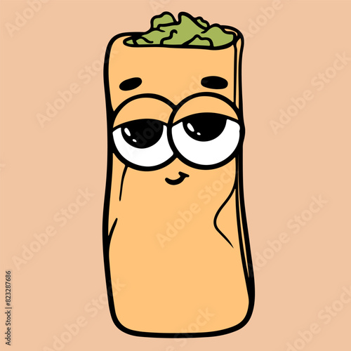 Trendy groovy fast food tacos sticker. Retro groovy cartoon character.