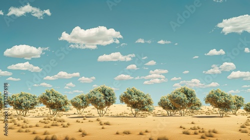 a photorealistic shot on the Australian desert with sand and no plants in the foreground  and a line of low  densly packed trees on the horizon