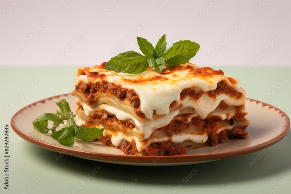 Tasty lasagna on a ceramic tile against a minimalist or empty room background Tasty lasagna on a ceramic tile against a minimalist or empty room background
