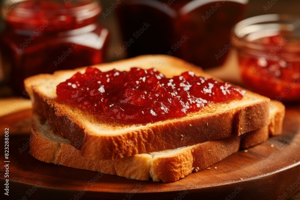 Close-up of a delicious slice of toasted bread topped with vibrant red strawberry jam and sugar Close-up of a delicious slice of toasted bread topped with vibrant red strawberry jam and sugar
