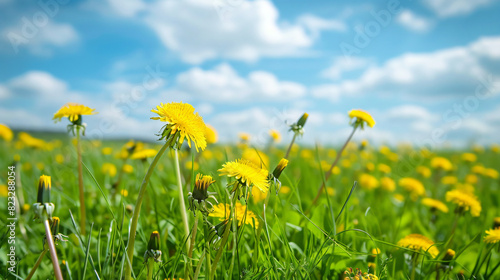Beautiful meadow field with fresh grass and yellow dan