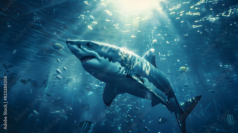 Fototapeta premium Majestic Great White Shark Gliding Through Vibrant Blue Ocean Depths Surrounded by Smaller Fish