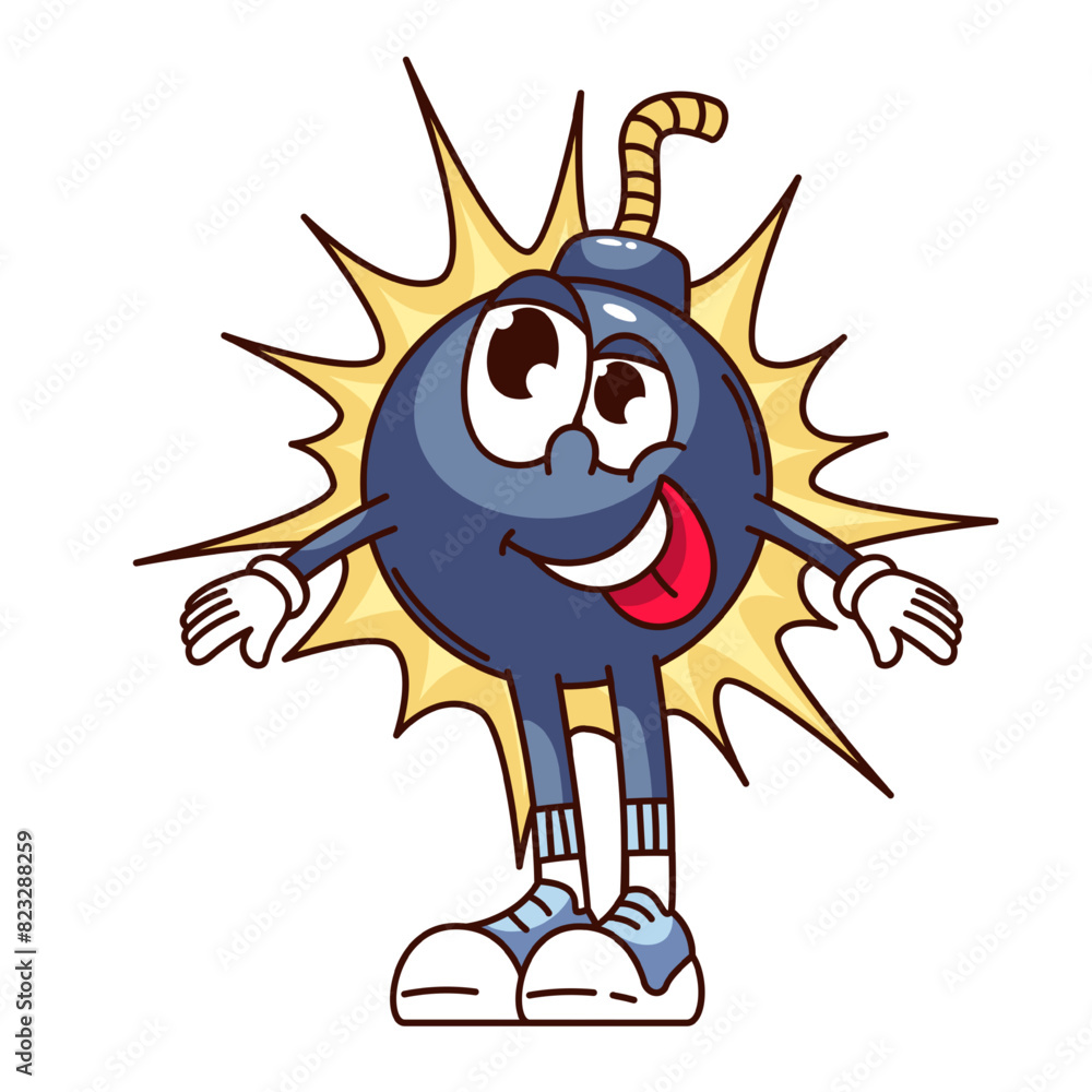 Fototapeta premium Groovy happy bomb cartoon character with boom surprise effect. Funny retro funky blue bomb with crazy laughter, bang mascot, cartoon comic explosion sticker of 70s 80s style vector illustration