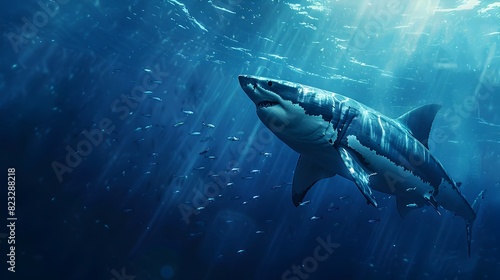Majestic Great White Shark Gliding Through the Depths of the Blue Ocean Surrounded by Smaller Fish Showcasing the Power and Grace of Ocean Predators © Thares2020