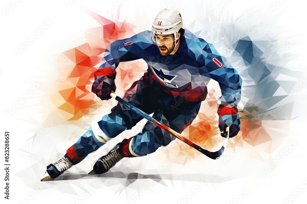 A polygonal figure depicting a hockey player, made up of multicolored triangles on a white background. Olympic Games. poster, banner, postcard. A polygonal figure depicting a hockey player, made up of multicolored triangles on a white background. Olympic Games. poster, banner, postcard.