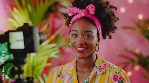 An african american beautiful woman doing live streaming in a pink studio room Internet celebrity