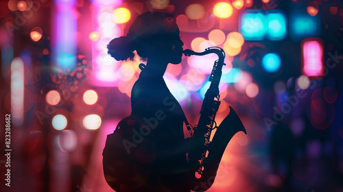 Female saxophone player playing street entertainer on blurred neon street background photo