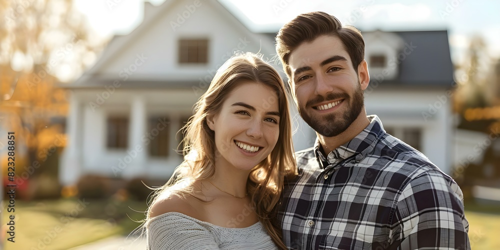 Obraz premium Excited and Happy Young Couple Smiling in Front of Their New House. Concept New Home, Happiness, Couple Goals, Moving In, Celebrating