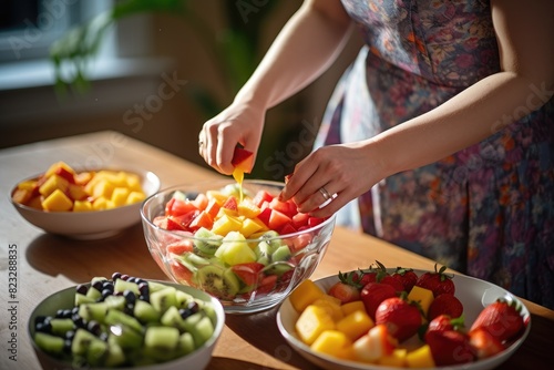 Close-up of a parent preparing a creative fruit salad for the baby.