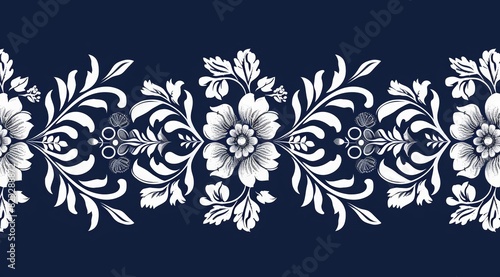 A blue and white floral design with a white border
