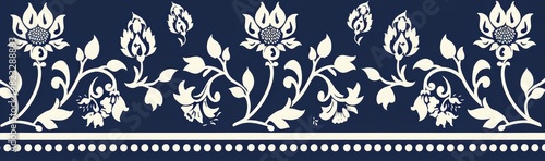 A blue and white floral border with a white flower in the middle, Elegant Floral Border with Lotus Motifs on Dark Blue Background, Ornamental Design for Fabric and Decor