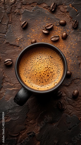 top view of a cup of coffee, mobile wallpaper background, vertical mobile phone wallpaper