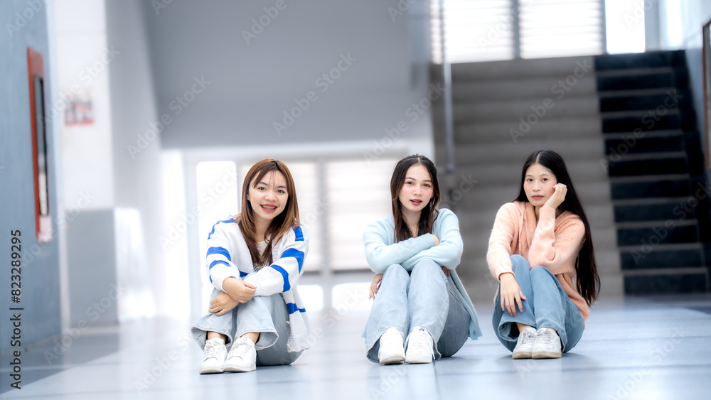 Fototapeta premium Three women are sitting on the floor in a hallway