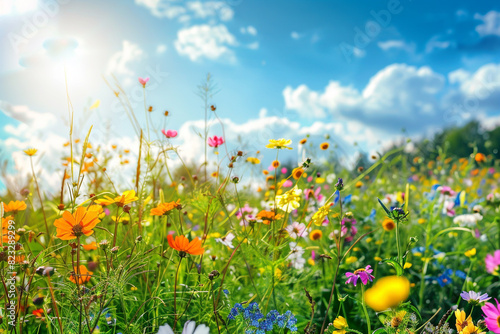 Wildflowers colorful various flowers in fieldColorful wildflower meadow with sunshine and blue sky backgroundSummer flower meadow - Holiday time in the garden  photo