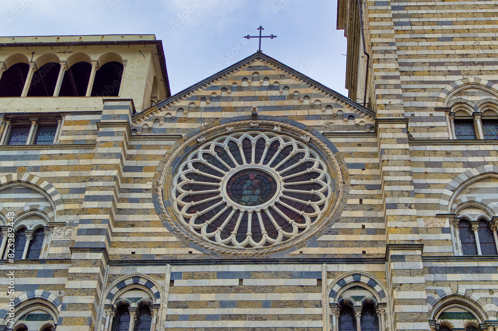 Details at facade of Genoa Cathedral or Metropolitan Cathedral of Saint Lawrence in Genoa, Italy.
