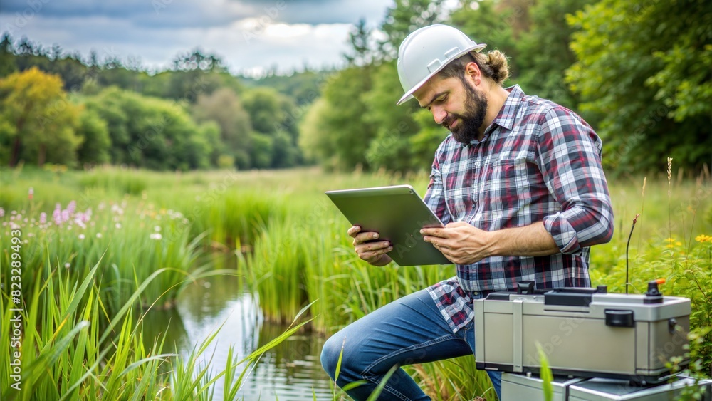Environmental Scientist with Data Collection Device: An environmental scientist using a data collection device in the field, representing technology in environmental research.
Environmental Scientist with Data Collection Device: An environmental scientist using a data collection device in the field, representing technology in environmental research.