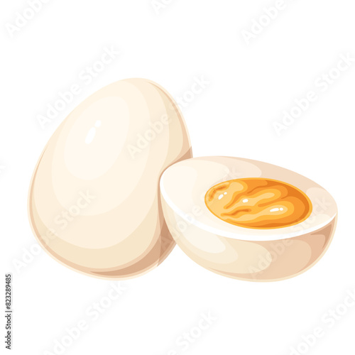 Hard boiled eggs, cartoon breakfast food and cooking ingredient. Whole egg and cut in half with yolk and albumen, side view of morning snack mascot, cartoon healthy nutrition vector illustration