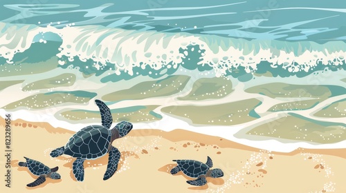 Turtle Hatching On The Beach, Tiny Hatchlings Making Their Way To The Ocean, Cartoon ,Flat color