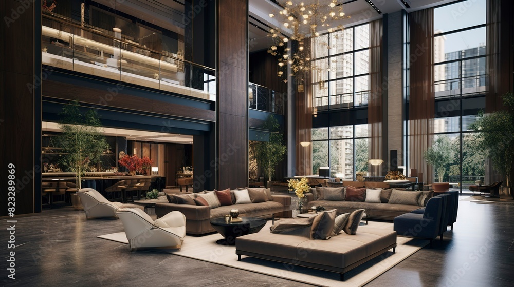 A photo of a luxury condominium lobby with modern decoration A photo of a luxury condominium lobby with modern decoration