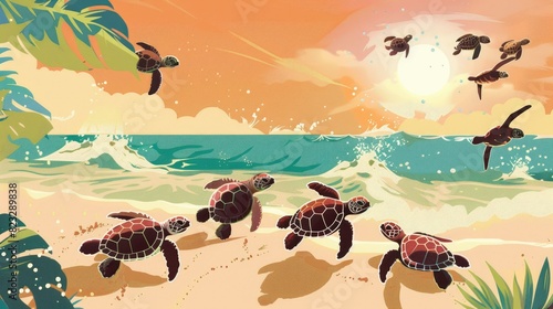 Turtle Hatching On The Beach, Tiny Hatchlings Making Their Way To The Ocean, Cartoon ,Flat color