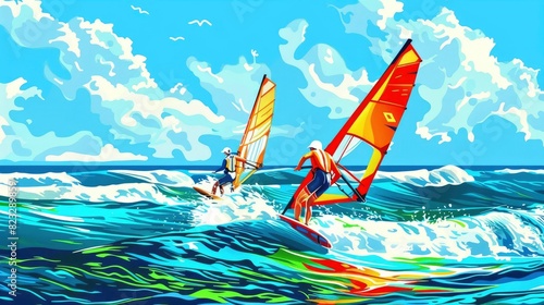 Wind Surfers Gliding Over The Waves, Their Sails Brightly Colored, Cartoon ,Flat color