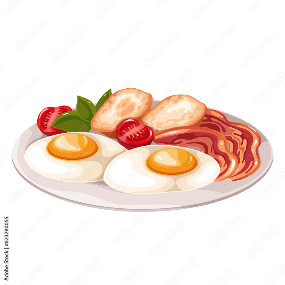 Fried eggs and bacon, cartoon traditional English breakfast. Two cooked eggs with slices of bread toast and fat ham, fresh tomato. Tasty hearty morning meal, cartoon plate of food vector illustration Fried eggs and bacon, cartoon traditional English breakfast. Two cooked eggs with slices of bread toast and fat ham, fresh tomato. Tasty hearty morning meal, cartoon plate of food vector illustration