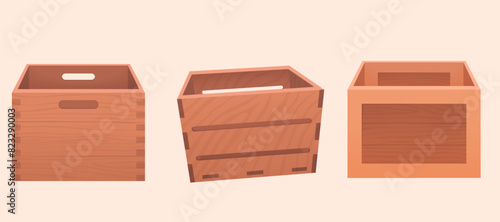 Cartoon wooden containers. Delivery containers, empty wood boxes and parcels, packed shipping crates. Boxes with packages, wooden crates with cargo, warehouse storage packaging concept.