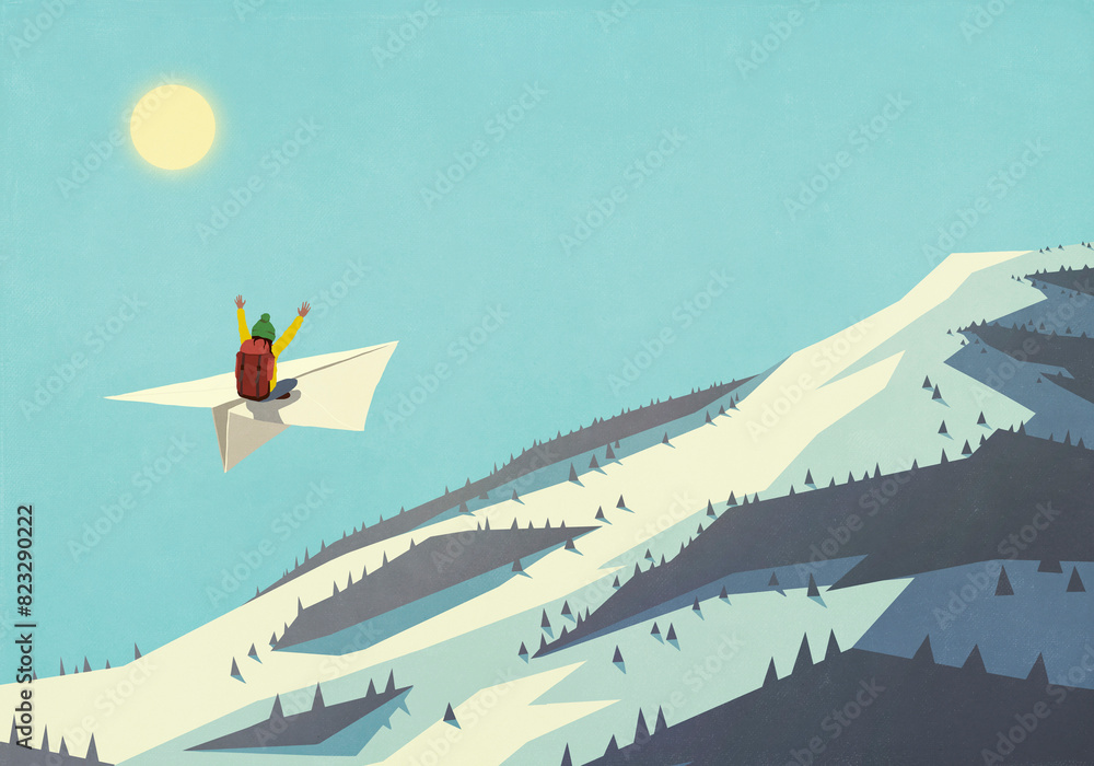 Carefree woman with backpack enjoying travel, flying on paper airplane over sunny, snowy mountain
Carefree woman with backpack enjoying travel, flying on paper airplane over sunny, snowy mountain
